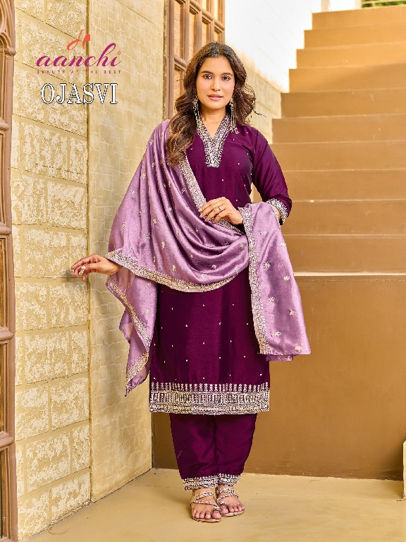 AANCHI OJASVI WHOLESALE READYMADE CRYSTAL SILK LATEST FASHION 3 PCS SUITS SUPPLIER