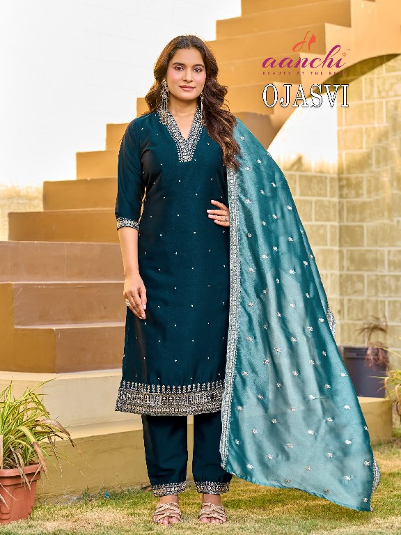 AANCHI OJASVI WHOLESALE READYMADE CRYSTAL SILK LATEST FASHION 3 PCS SUITS SUPPLIER