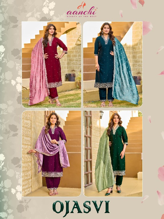 AANCHI OJASVI WHOLESALE READYMADE CRYSTAL SILK LATEST FASHION 3 PCS SUITS SUPPLIER