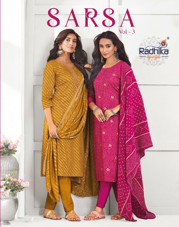 RADHIKA LIFESTYLE SARSA VOL 3 WHOLESALE READYMADE JAAM SATIN BIG SIZE STYLISH LOOK 3 PCS SUITS EXPORTER