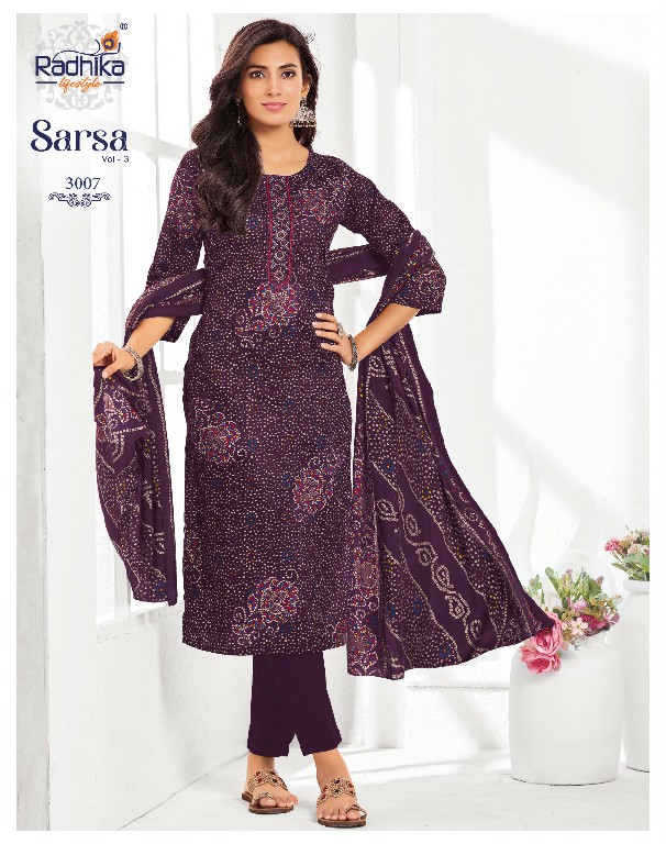 RADHIKA LIFESTYLE SARSA VOL 3 WHOLESALE READYMADE JAAM SATIN BIG SIZE STYLISH LOOK 3 PCS SUITS EXPORTER