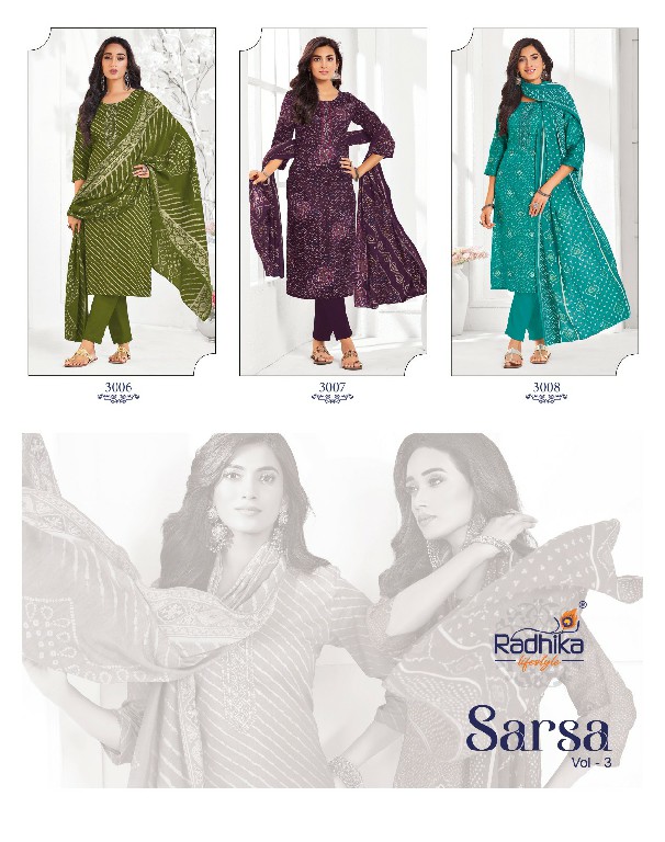 RADHIKA LIFESTYLE SARSA VOL 3 WHOLESALE READYMADE JAAM SATIN BIG SIZE STYLISH LOOK 3 PCS SUITS EXPORTER