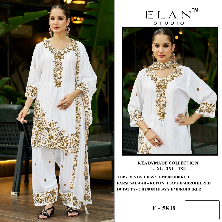 ELAN STUDIO D.NO E-58 WHOLESALE READYMDE RAYON EMBROIDERED FARSHI SALWAR STYLE 3 PCS SUITS SUPPLIER