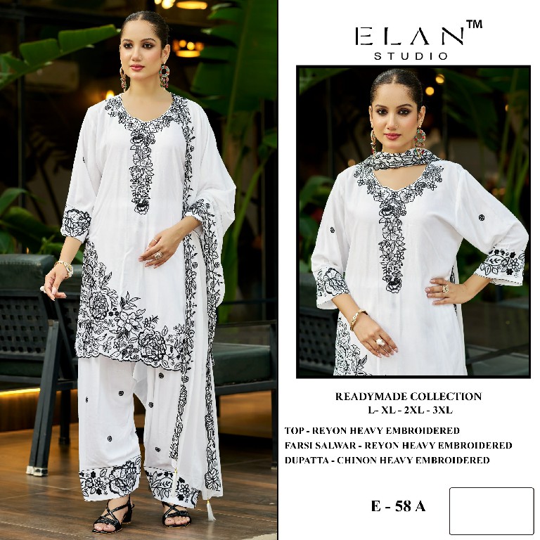 ELAN STUDIO D.NO E-58 WHOLESALE READYMDE RAYON EMBROIDERED FARSHI SALWAR STYLE 3 PCS SUITS SUPPLIER