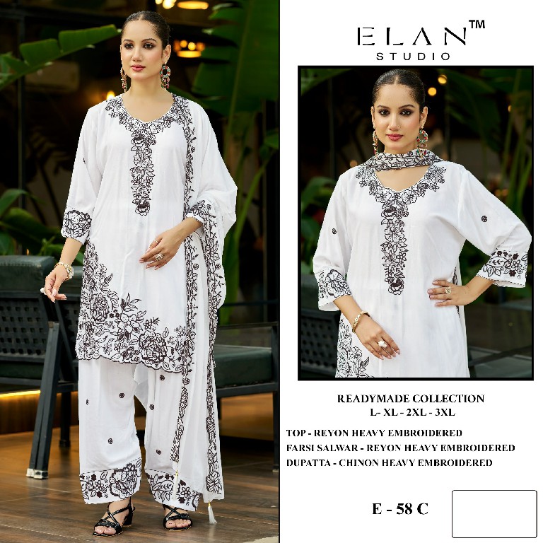 ELAN STUDIO D.NO E-58 WHOLESALE READYMDE RAYON EMBROIDERED FARSHI SALWAR STYLE 3 PCS SUITS SUPPLIER