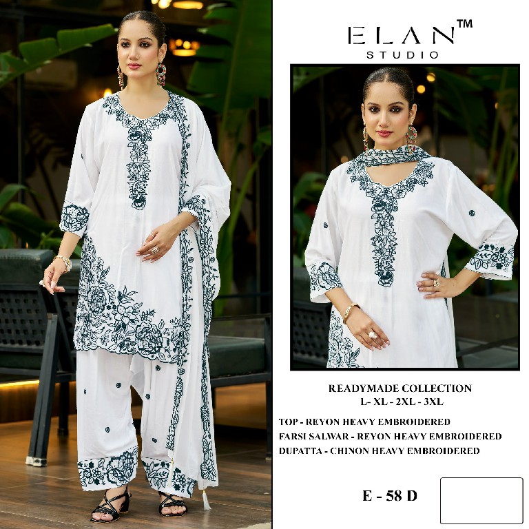 ELAN STUDIO D.NO E-58 WHOLESALE READYMDE RAYON EMBROIDERED FARSHI SALWAR STYLE 3 PCS SUITS SUPPLIER