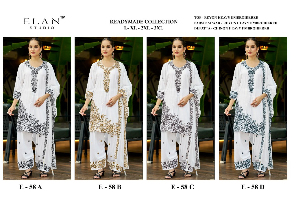 ELAN STUDIO D.NO E-58 WHOLESALE READYMDE RAYON EMBROIDERED FARSHI SALWAR STYLE 3 PCS SUITS SUPPLIER