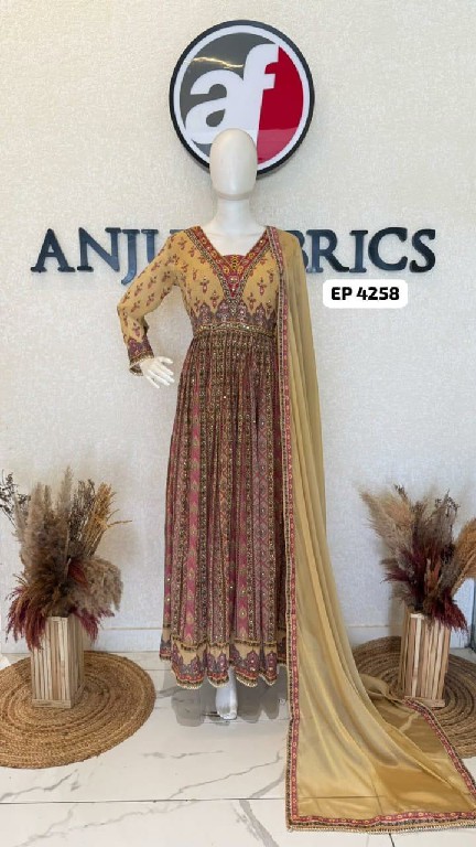 ANJU FAB D.NO EP 4215-4257 TO 4259 WHOLESALE READYMADE CHINON CHIFFON ELEGANT FLARED GOWN WITH DUPATTA COMBO FOR EXPORT