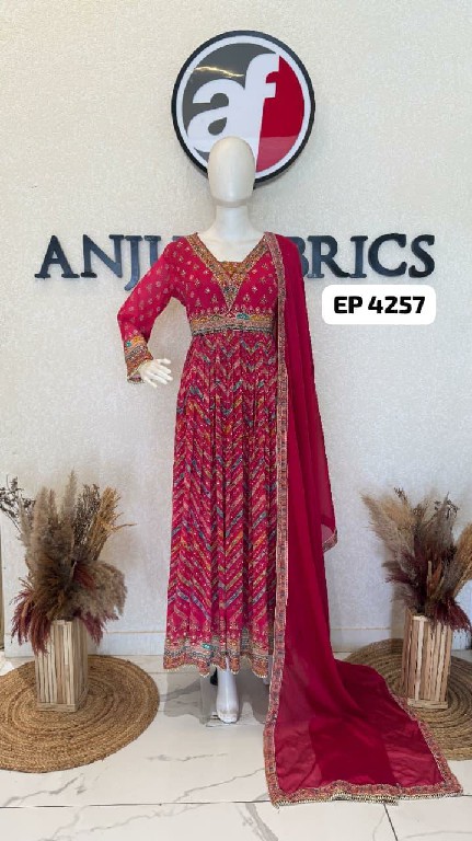 ANJU FAB D.NO EP 4215-4257 TO 4259 WHOLESALE READYMADE CHINON CHIFFON ELEGANT FLARED GOWN WITH DUPATTA COMBO FOR EXPORT