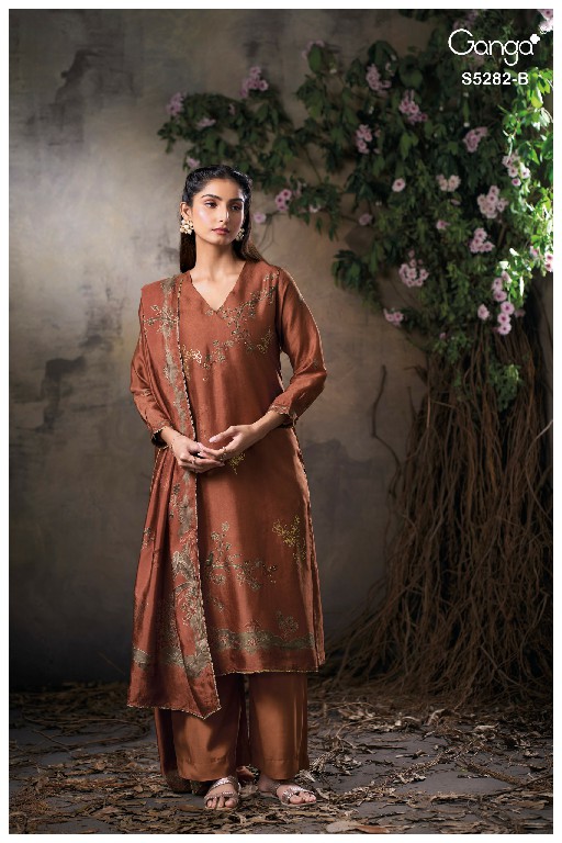 GANGA CEYRA S5282 WHOLESALE PURE BEMBERG RUSSIAN SILK UNSTITCH SALWAR SUITS EXPORTER