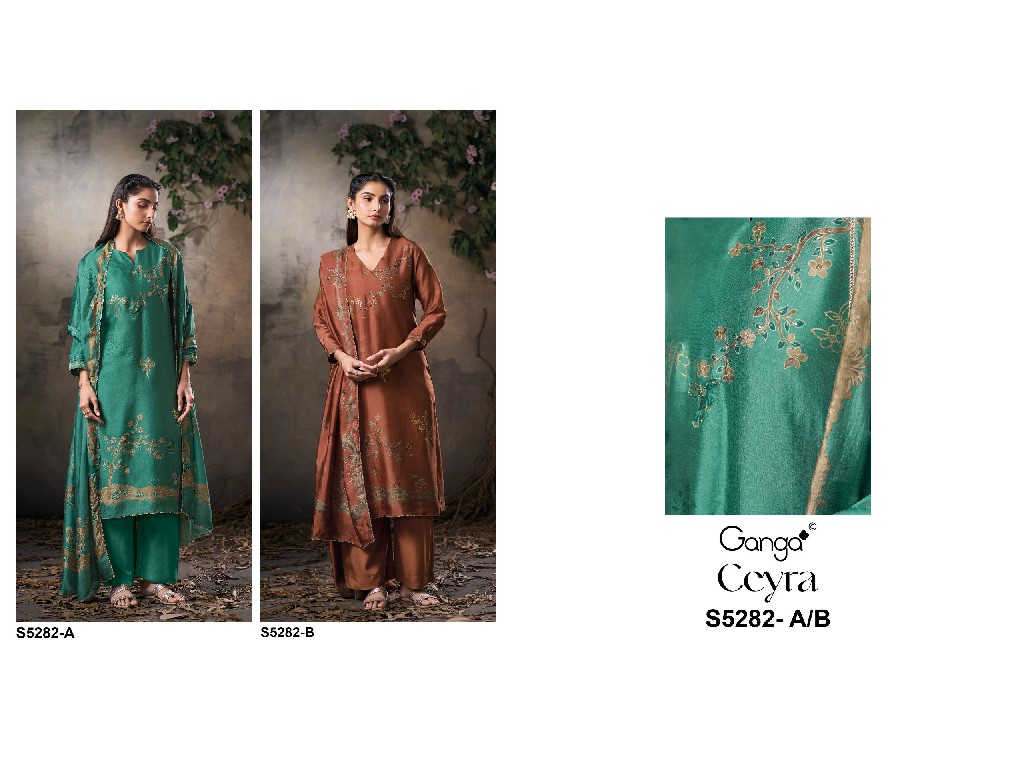 GANGA CEYRA S5282 WHOLESALE PURE BEMBERG RUSSIAN SILK UNSTITCH SALWAR SUITS EXPORTER