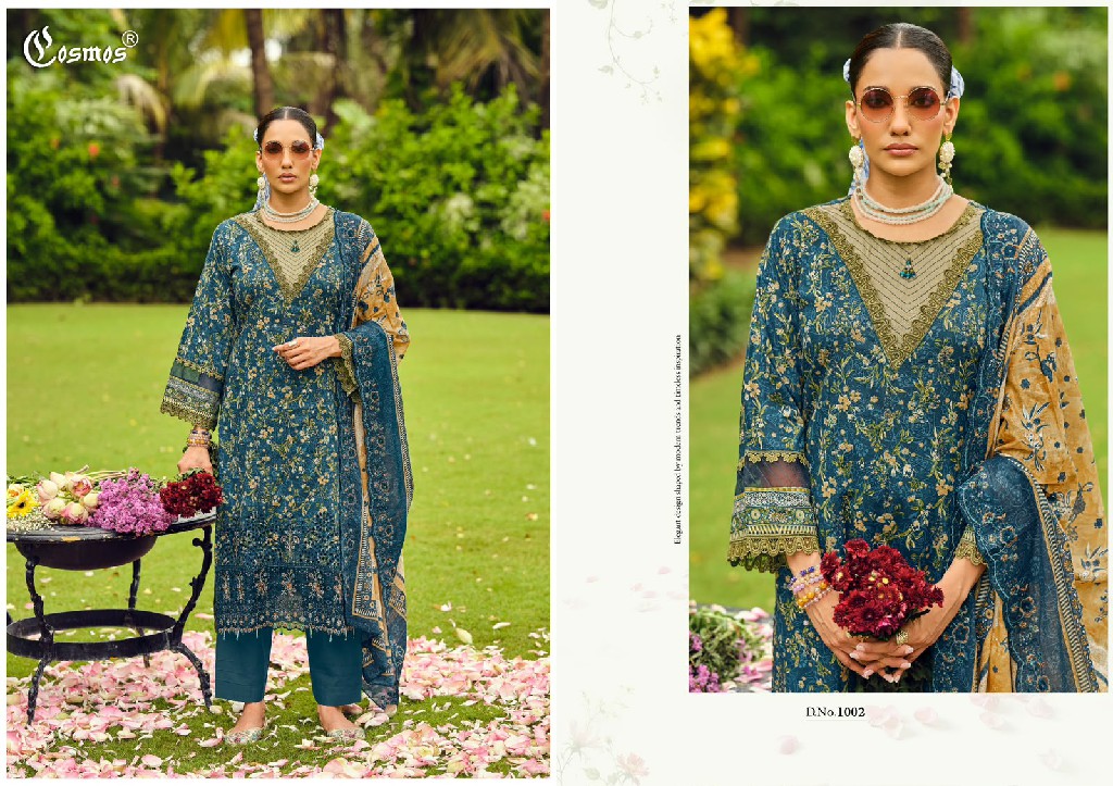 COSMOS RIWAYAT LAWN VOL 1 WHOLESALE COTTON CHIKANKARI EMBROIDERED UNSTITCH SALWAR SUITS EXPORTER