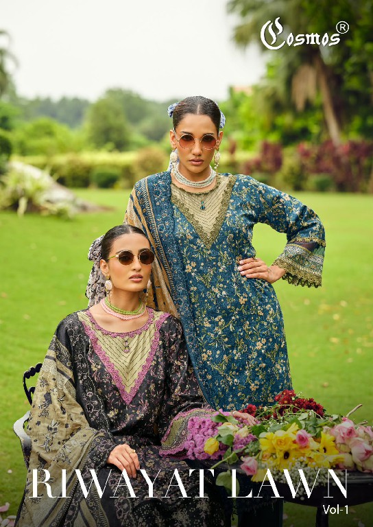 COSMOS RIWAYAT LAWN VOL 1 WHOLESALE COTTON CHIKANKARI EMBROIDERED UNSTITCH SALWAR SUITS EXPORTER