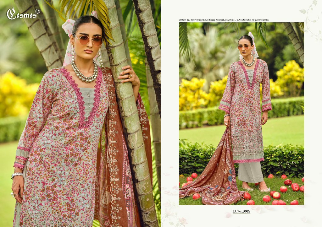 COSMOS RIWAYAT LAWN VOL 1 WHOLESALE COTTON CHIKANKARI EMBROIDERED UNSTITCH SALWAR SUITS EXPORTER