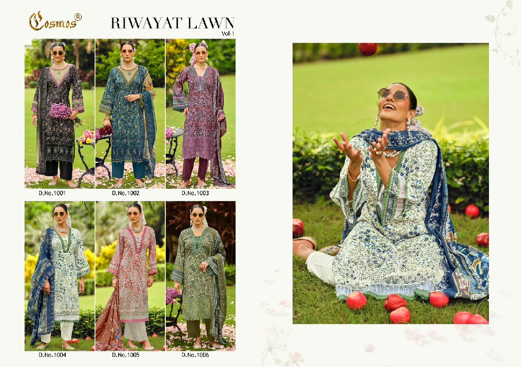 COSMOS RIWAYAT LAWN VOL 1 WHOLESALE COTTON CHIKANKARI EMBROIDERED UNSTITCH SALWAR SUITS EXPORTER