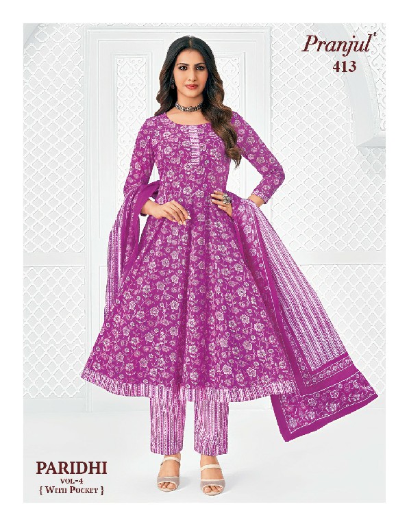 PRANJUL PARIDHI VOL 4 WHOLESALE READYMADE COTTON PRINTED ANARKALI DAILY WEAR 3 PCS SUITS EXPORTER