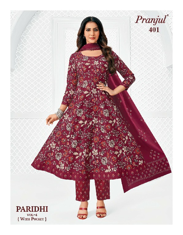PRANJUL PARIDHI VOL 4 WHOLESALE READYMADE COTTON PRINTED ANARKALI DAILY WEAR 3 PCS SUITS EXPORTER