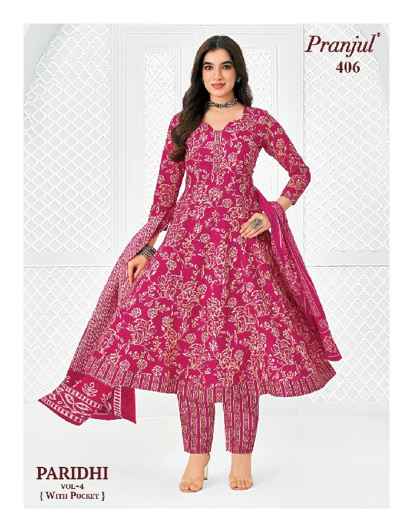 PRANJUL PARIDHI VOL 4 WHOLESALE READYMADE COTTON PRINTED ANARKALI DAILY WEAR 3 PCS SUITS EXPORTER