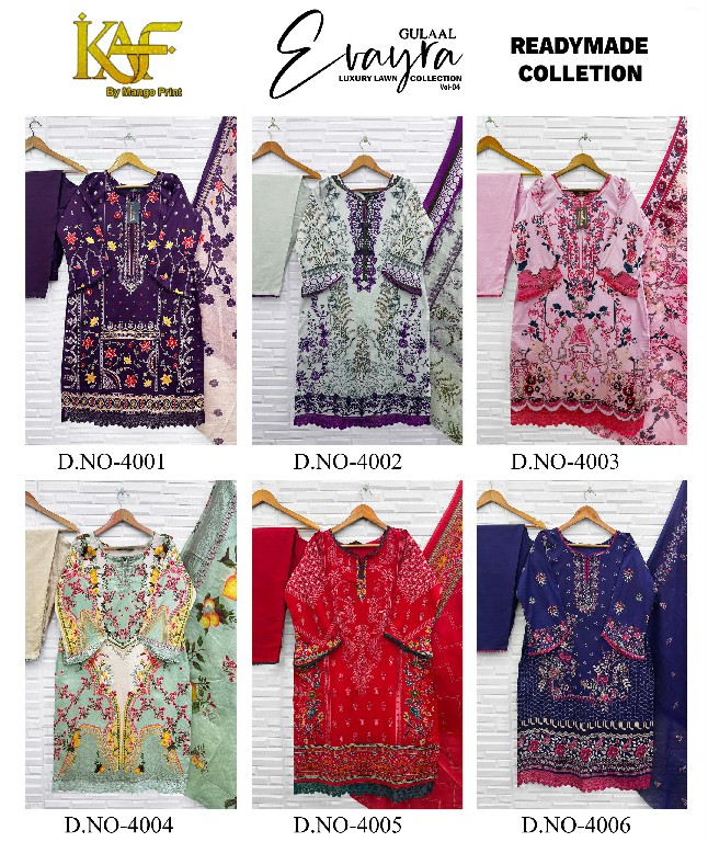 KAF EVAYRA GULAAL VOL 4 WHOLESALE READYMADE HEAVY LAWN COTTON PAKISTANI REGULAR WEAR 3 PCS SUITS SUPPLIER
