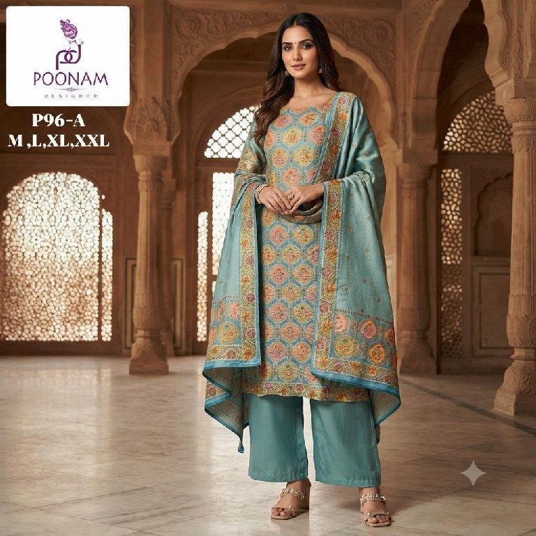 POONAM DESIGNER D.NO P96-P97 WHOLESALE READYMADE GIRAFFE VISCOSE SILK FESTIVE WEAR 3 PCS COMBO SET SUITS EXPORTER