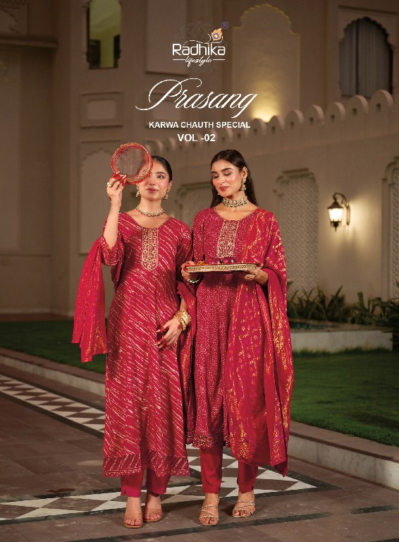 RADHIKA LIFESTYLE PRASANG VOL 2 WHOLESALE READYMADE HEAVY RAYON BIG SIZE FESTIVE SPECIAL ANARKALI STYLE 3 PCS SUITS SUPPLIER