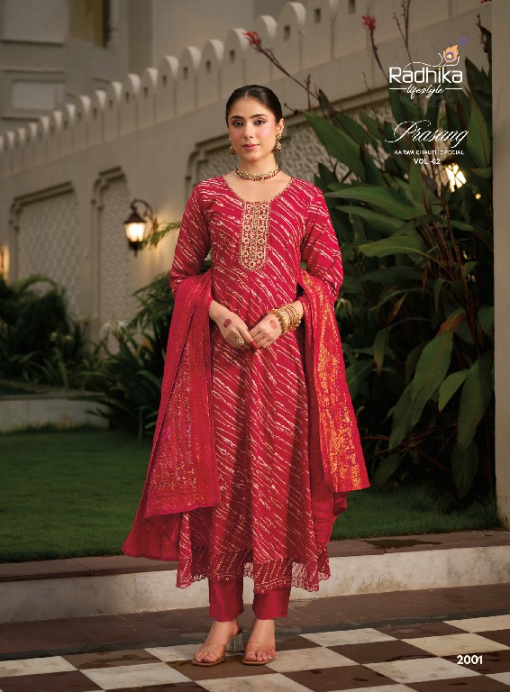 RADHIKA LIFESTYLE PRASANG VOL 2 WHOLESALE READYMADE HEAVY RAYON BIG SIZE FESTIVE SPECIAL ANARKALI STYLE 3 PCS SUITS SUPPLIER