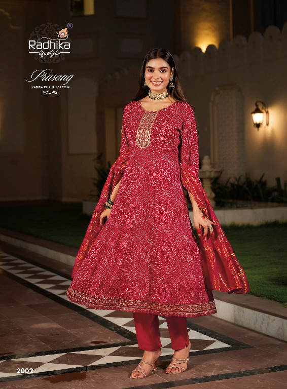 RADHIKA LIFESTYLE PRASANG VOL 2 WHOLESALE READYMADE HEAVY RAYON BIG SIZE FESTIVE SPECIAL ANARKALI STYLE 3 PCS SUITS SUPPLIER