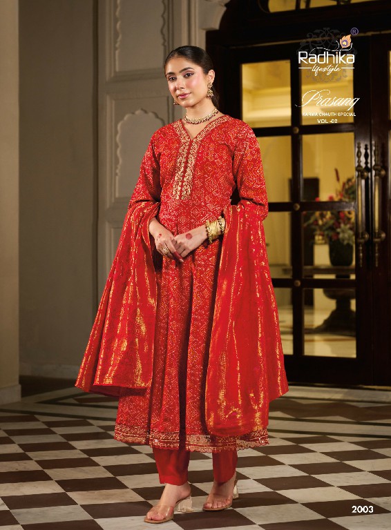 RADHIKA LIFESTYLE PRASANG VOL 2 WHOLESALE READYMADE HEAVY RAYON BIG SIZE FESTIVE SPECIAL ANARKALI STYLE 3 PCS SUITS SUPPLIER