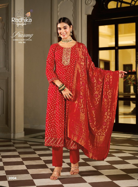 RADHIKA LIFESTYLE PRASANG VOL 2 WHOLESALE READYMADE HEAVY RAYON BIG SIZE FESTIVE SPECIAL ANARKALI STYLE 3 PCS SUITS SUPPLIER