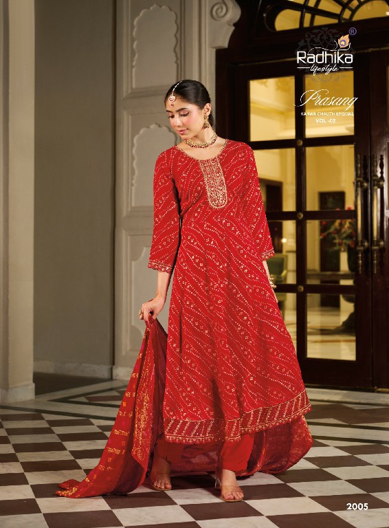 RADHIKA LIFESTYLE PRASANG VOL 2 WHOLESALE READYMADE HEAVY RAYON BIG SIZE FESTIVE SPECIAL ANARKALI STYLE 3 PCS SUITS SUPPLIER