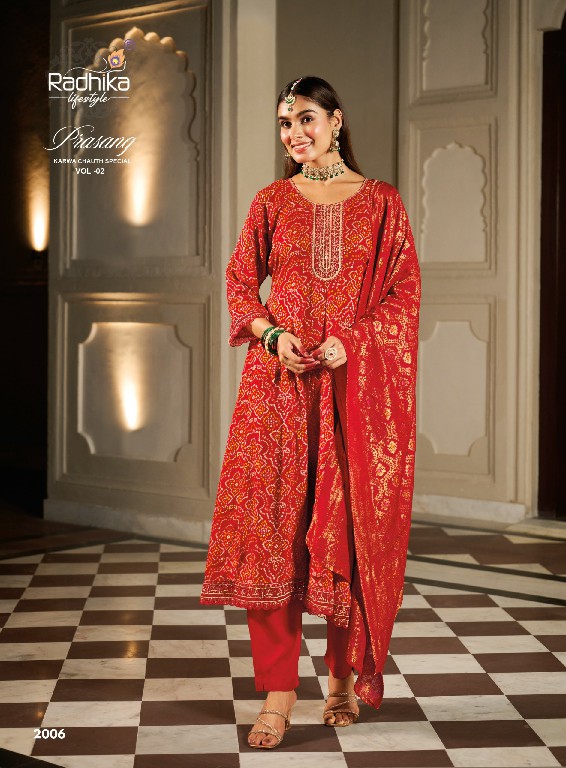 RADHIKA LIFESTYLE PRASANG VOL 2 WHOLESALE READYMADE HEAVY RAYON BIG SIZE FESTIVE SPECIAL ANARKALI STYLE 3 PCS SUITS SUPPLIER