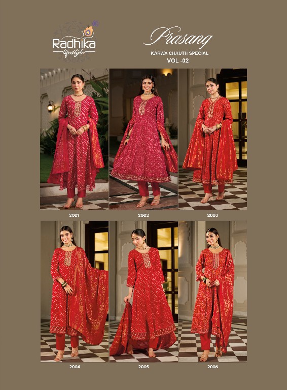 RADHIKA LIFESTYLE PRASANG VOL 2 WHOLESALE READYMADE HEAVY RAYON BIG SIZE FESTIVE SPECIAL ANARKALI STYLE 3 PCS SUITS SUPPLIER