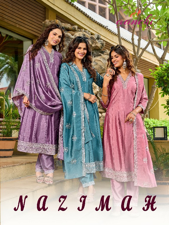 AANCHI NAZIMAH WHOLESALE READYMADE CRYSTAL SILK LATEST FASHION 3 PCS SUITS FOR EXPORT