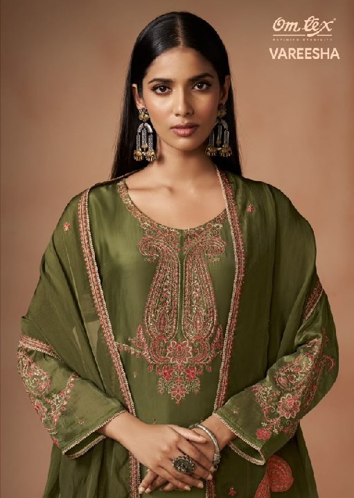 OMTEX VAREESHA WHOLESALE SILK TOUCH EMBROIDERY WORK UNSTITCH SALWAR SUITS SUPPLIER