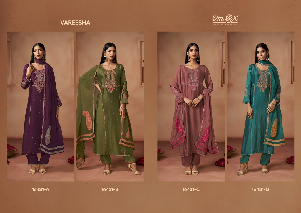 OMTEX VAREESHA WHOLESALE SILK TOUCH EMBROIDERY WORK UNSTITCH SALWAR SUITS SUPPLIER