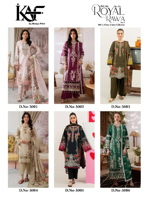 KAF ROYAL RAWA VOL 3 WHOLESALE HEAVY COTTON PAKISTANI CASUAL WEAR DRESS MATERIAL ONLINE