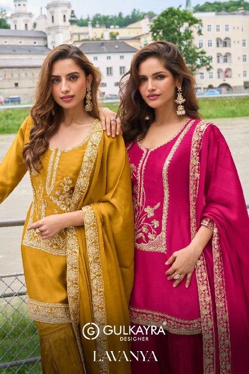 LAVANYA BY GULKAYRA DESIGNER WHOLESALE READYMADE PURE SILK PARTY WEAR TOP SHARARA WITH DUPATTA ONLINE