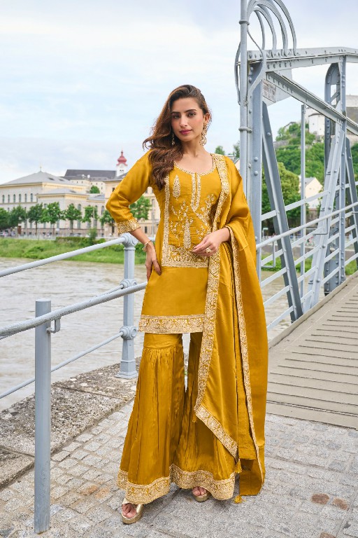 LAVANYA BY GULKAYRA DESIGNER WHOLESALE READYMADE PURE SILK PARTY WEAR TOP SHARARA WITH DUPATTA ONLINE