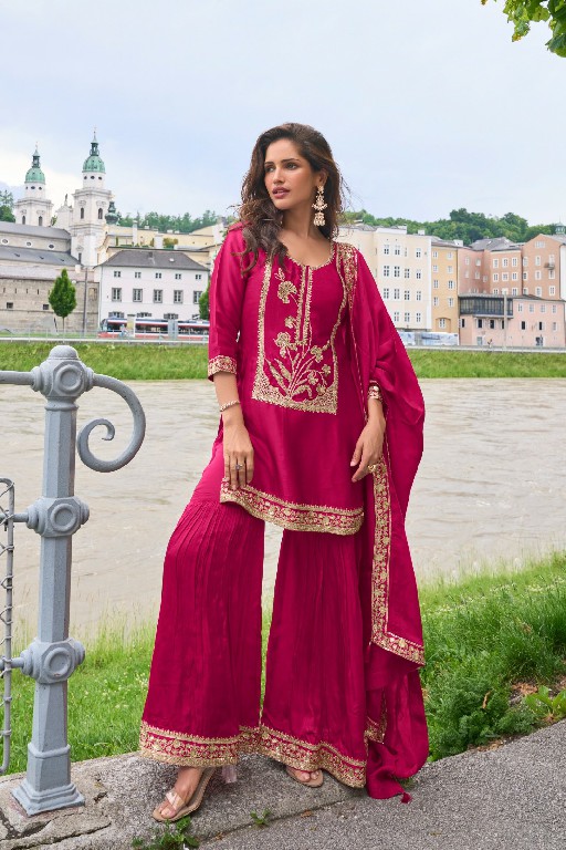 LAVANYA BY GULKAYRA DESIGNER WHOLESALE READYMADE PURE SILK PARTY WEAR TOP SHARARA WITH DUPATTA ONLINE