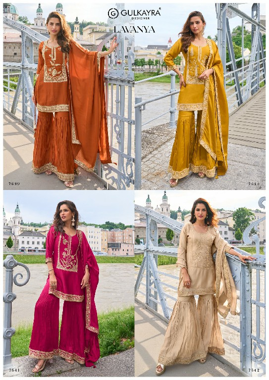 LAVANYA BY GULKAYRA DESIGNER WHOLESALE READYMADE PURE SILK PARTY WEAR TOP SHARARA WITH DUPATTA ONLINE