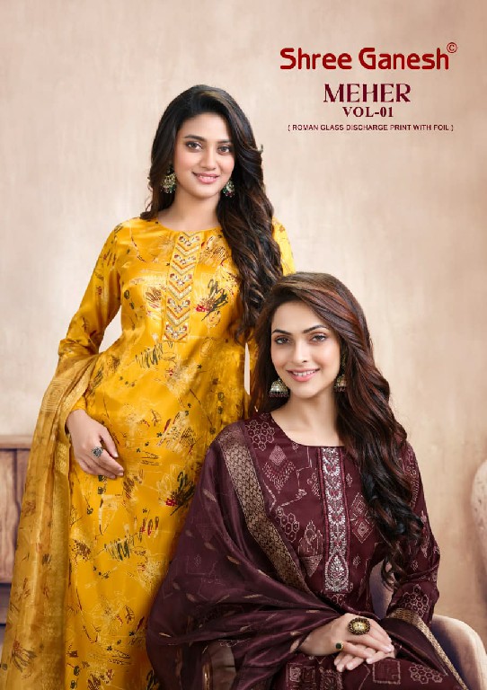 SHREE GANESH MEHER VOL 1 WHOLESALE ROMAN GLASS FANCY DESIGN 3 PCS SUITS SUPPLIER