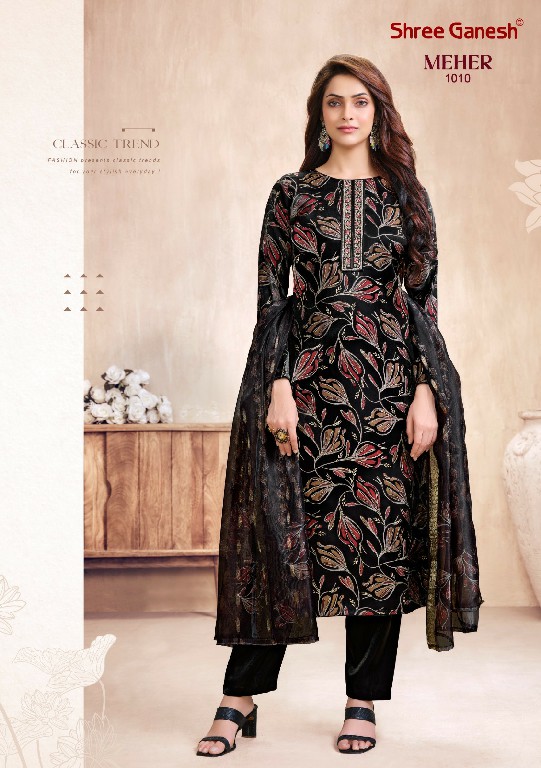 SHREE GANESH MEHER VOL 1 WHOLESALE ROMAN GLASS FANCY DESIGN 3 PCS SUITS SUPPLIER