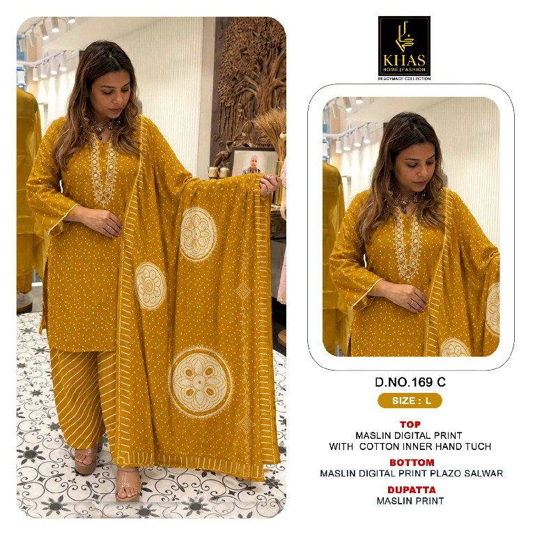 KHAS D.NO 169 WHOLESALE READYMADE MUSLIN WITH WORK FARSHI SALWAR STYLE 3 PCS SUITS SUPPLIER