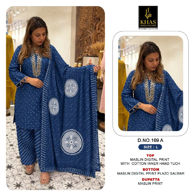 KHAS D.NO 169 WHOLESALE READYMADE MUSLIN WITH WORK FARSHI SALWAR STYLE 3 PCS SUITS SUPPLIER