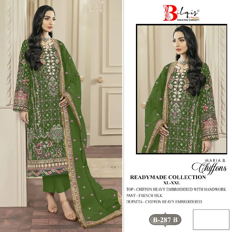 BILQIS D.NO 287A TO 287D WHOLESALE READYMADE CHIFFON WITH WORK PAKISTANI 3 PCS SUITS SUPPLIER