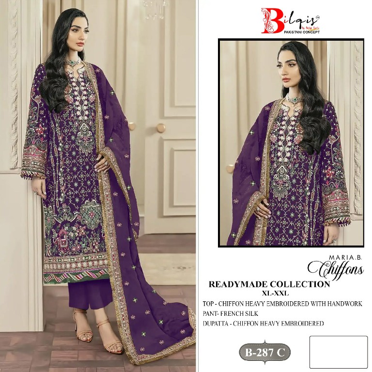 BILQIS D.NO 287A TO 287D WHOLESALE READYMADE CHIFFON WITH WORK PAKISTANI 3 PCS SUITS SUPPLIER
