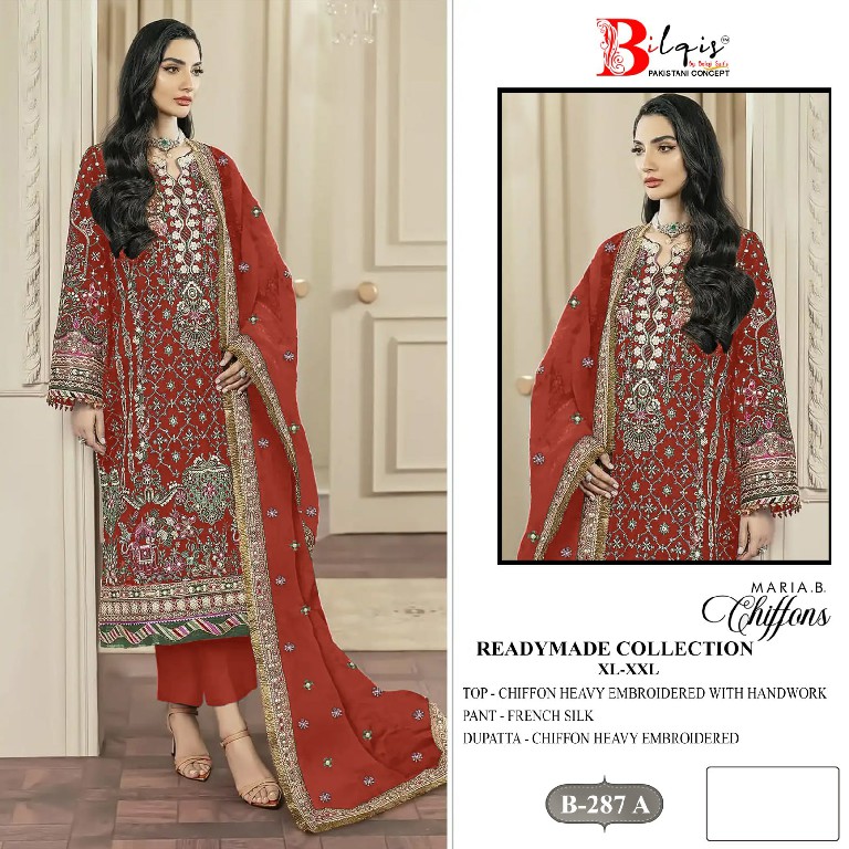 BILQIS D.NO 287A TO 287D WHOLESALE READYMADE CHIFFON WITH WORK PAKISTANI 3 PCS SUITS SUPPLIER