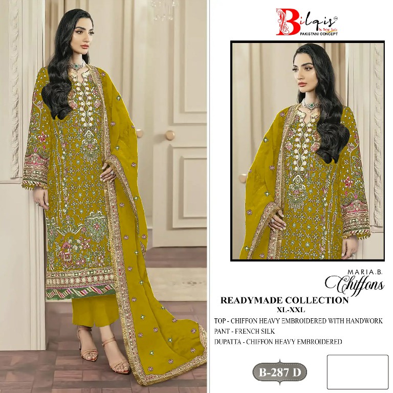 BILQIS D.NO 287A TO 287D WHOLESALE READYMADE CHIFFON WITH WORK PAKISTANI 3 PCS SUITS SUPPLIER