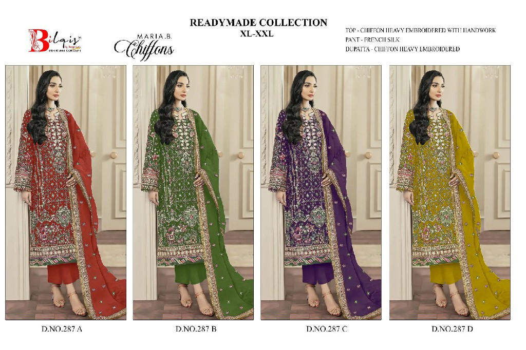 BILQIS D.NO 287A TO 287D WHOLESALE READYMADE CHIFFON WITH WORK PAKISTANI 3 PCS SUITS SUPPLIER