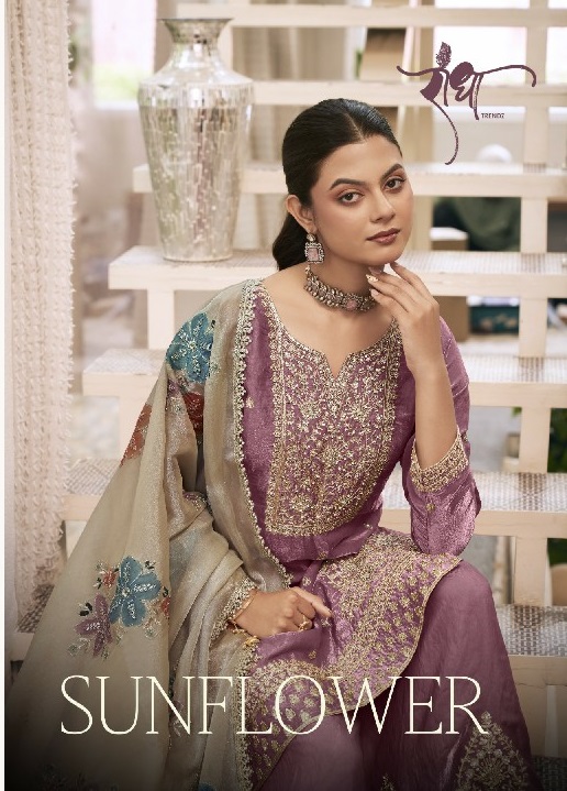 RADHA TRENDZ SUNFLOWER WHOLESALE READYMADE HEAVY FENDY SILK PARTY WEAR PLAZZO STYLE 3 PCS SUITS EXPORTER